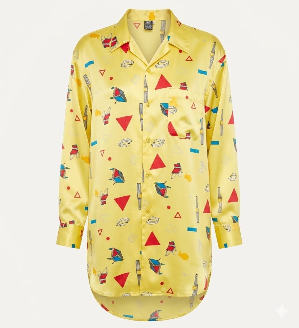 Vintage 80s JAG Yellow Satin Geometric Novelty Print Shirt Dress Oversized